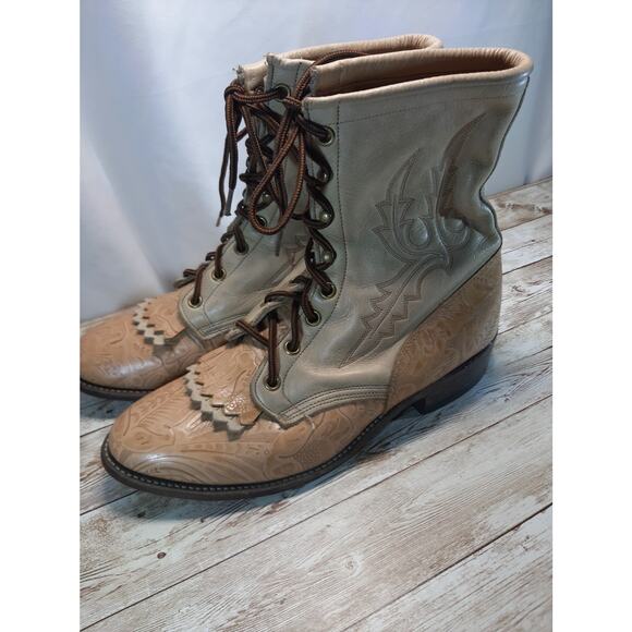 VTG Larry Mahan Tan Tooled Leather Lace Up Western Boots 9 M Kiltie Boots - Picture 1 of 9